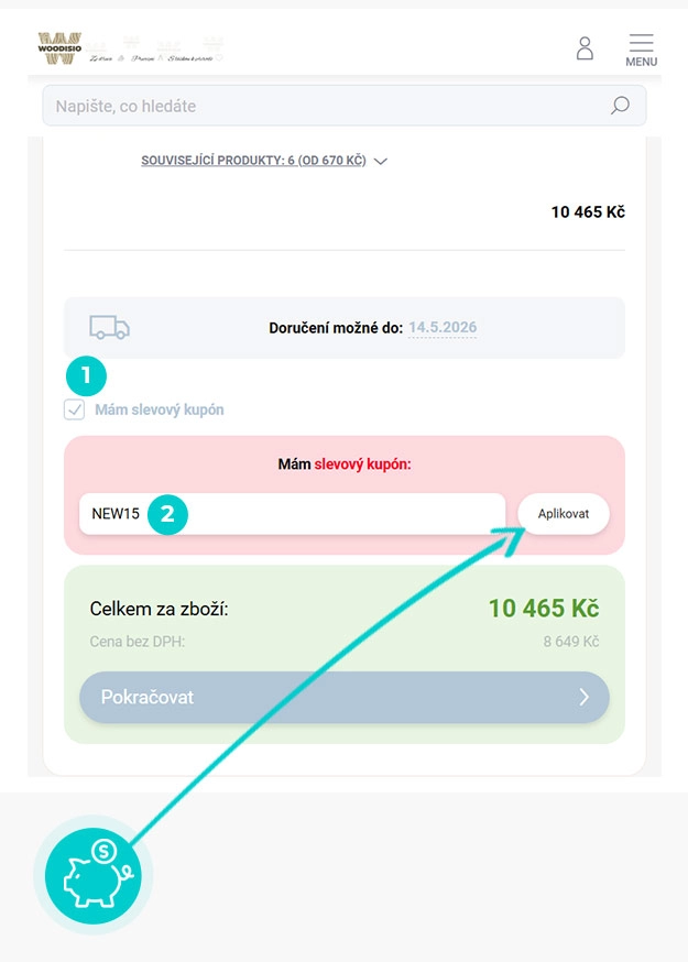 Návod jak uplatnit slevový kód v košíku e-shopu Woodisio