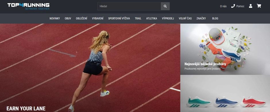úvodní stránka e-shopu top4running s nabídkou vybraných kategorií s běžeckým zbožím