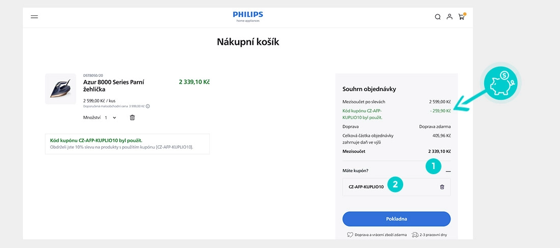 Návod jak uplatnit slevový kód v košíku e-shopu Philips Home Appliances