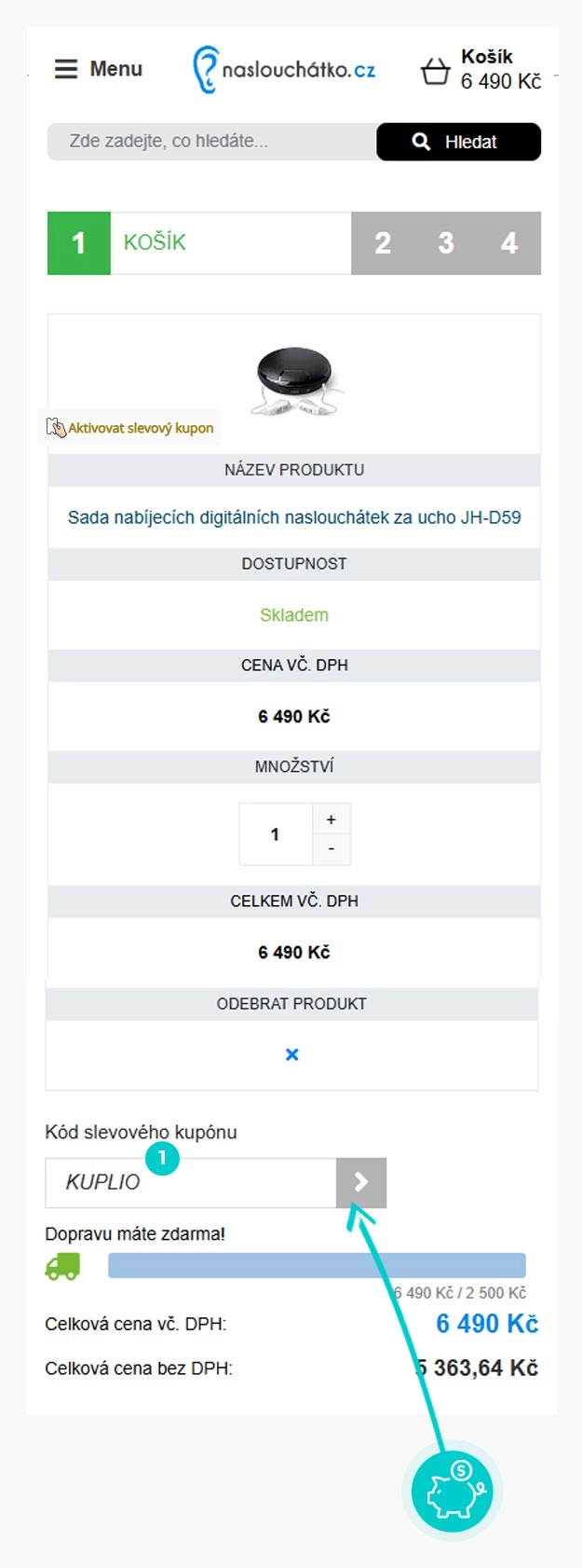 Návod jak uplatnit slevový kód v košíku e-shopu naslouchátko.cz