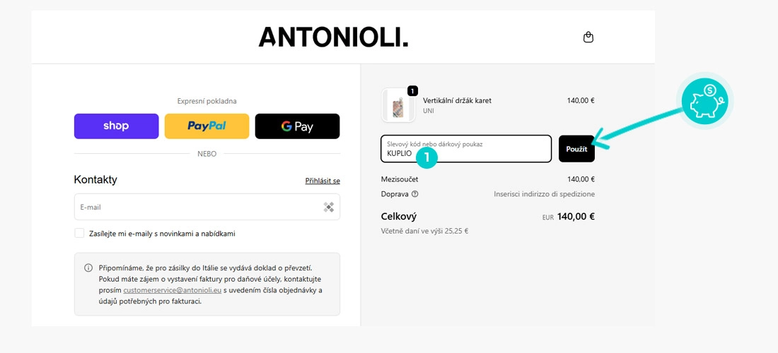 Návod jak uplatnit slevový kód v košíku e-shopu Antonioli