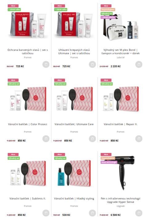 produkty na barvené i krepaté vlasy, výhodný set šamponu a kondicionéru, vánoční balíčky a fén