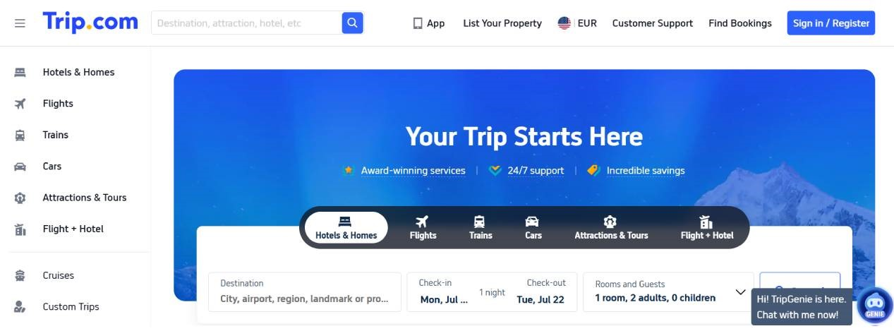 Trip.com - modrá obloha s kopcem a možnost vyhledat si ubytování