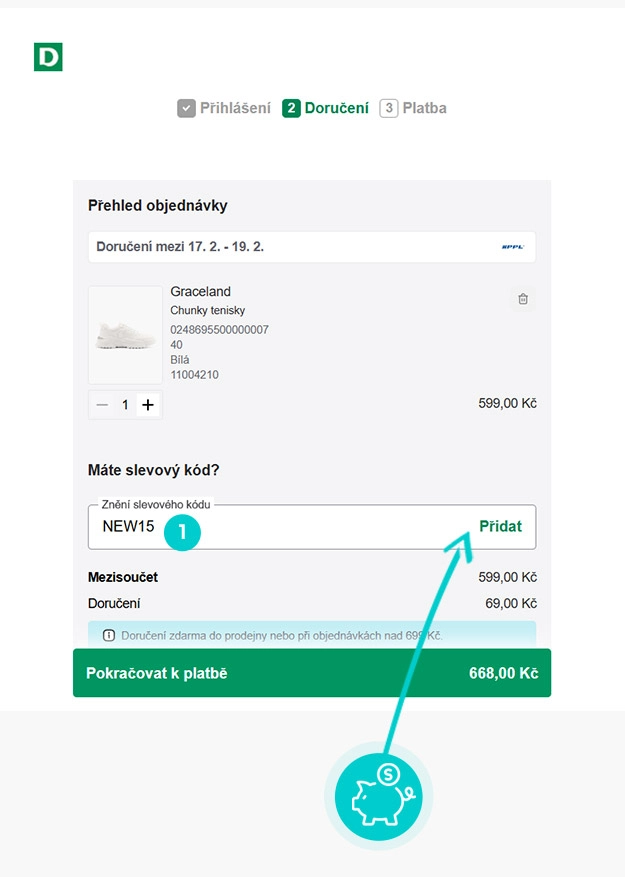 Návod jak uplatnit slevový kód v košíku e-shopu DEICHMANN
