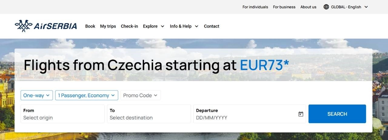 homepage Air Serbia s vyhladávačem