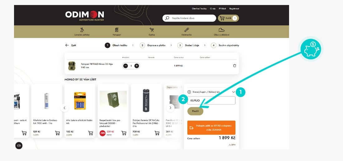 Návod jak uplatnit slevový kód v košíku e-shopu Odimon