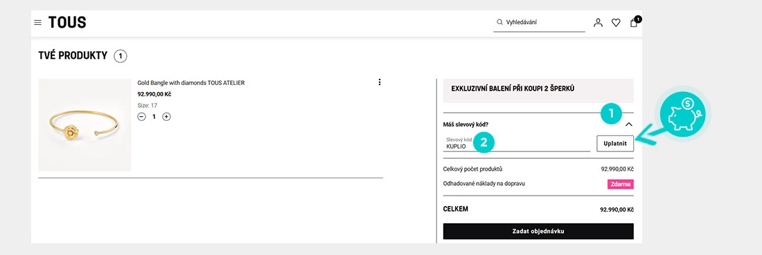 Návod jak uplatnit slevový kód v košíku e-shopu Tous
