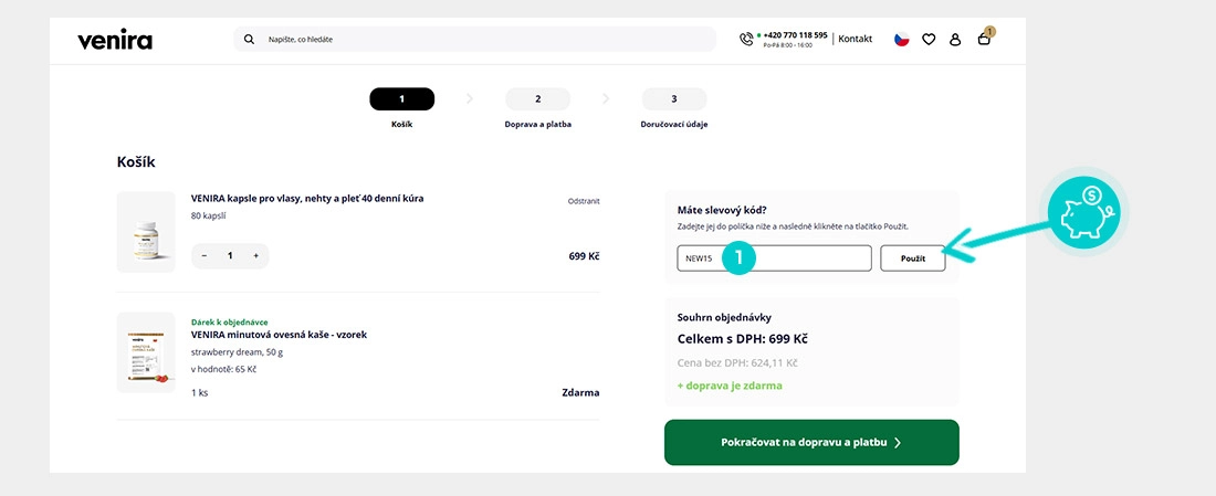 Návod jak uplatnit slevový kód v košíku e-shopu Venira