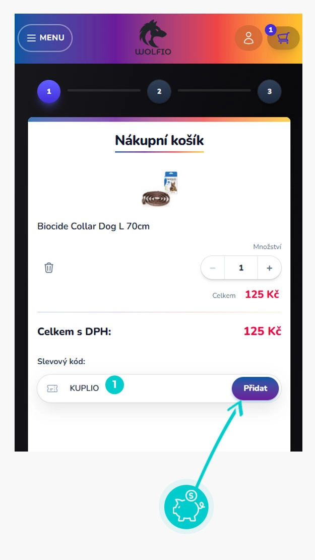 Návod jak uplatnit slevový kód v košíku e-shopu Wolfio