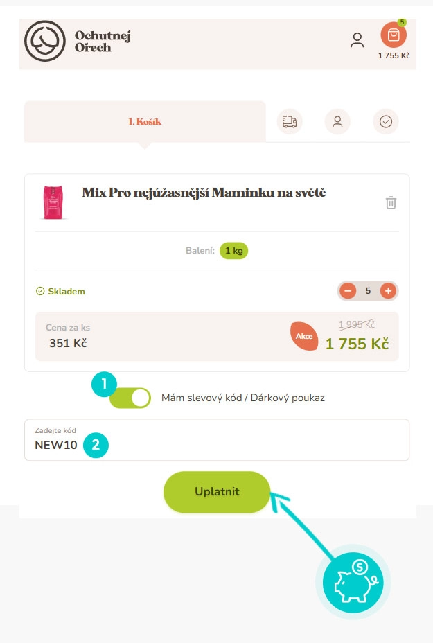 Návod jak uplatnit slevový kód v košíku e-shopu Ochutnej ořech