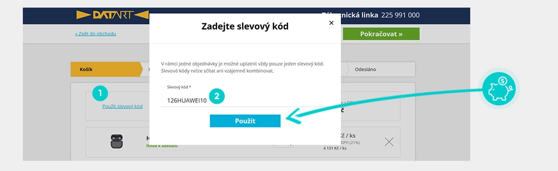Návod jak uplatnit slevový kód v košíku e-shopu Datart