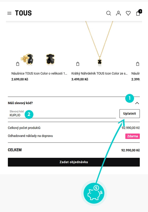 Návod jak uplatnit slevový kód v košíku e-shopu Tous