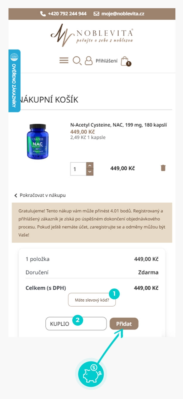 Návod jak uplatnit slevový kód v košíku e-shopu Noblevita