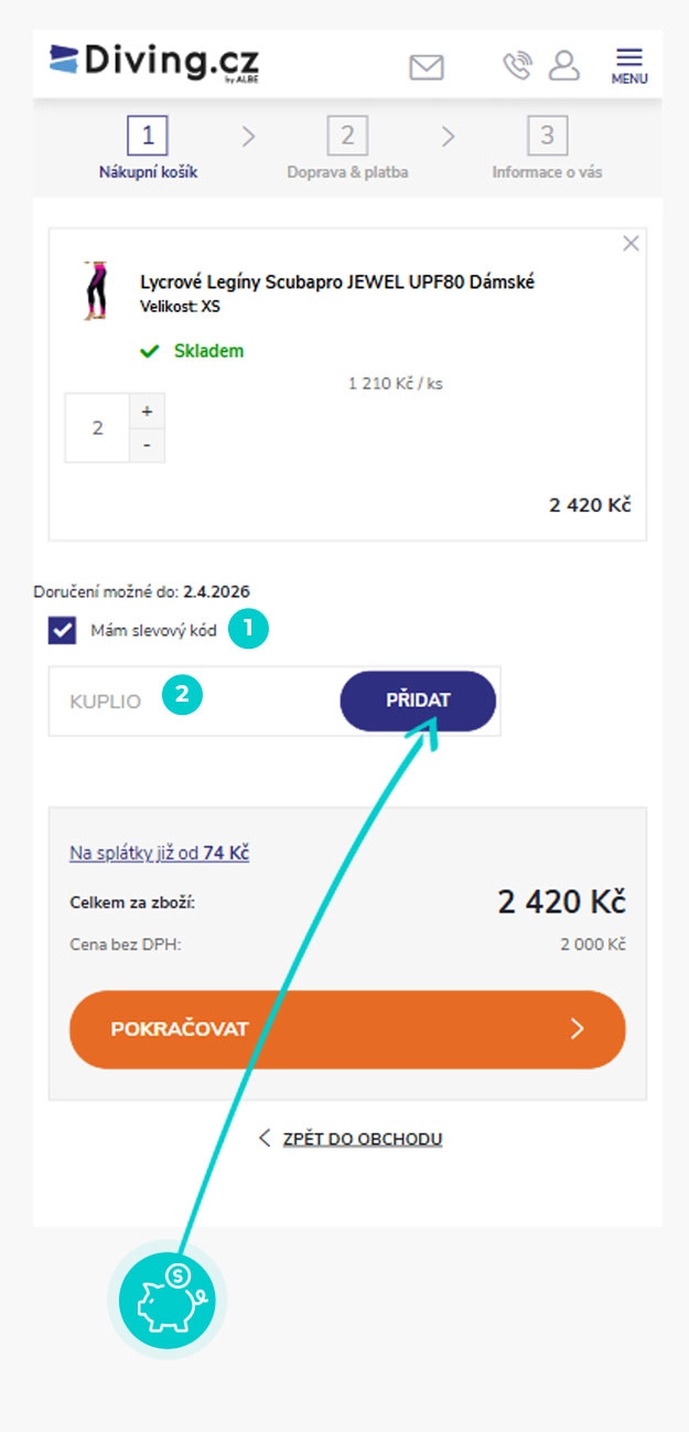 Návod jak uplatnit slevový kód v košíku e-shopu Diving.cz