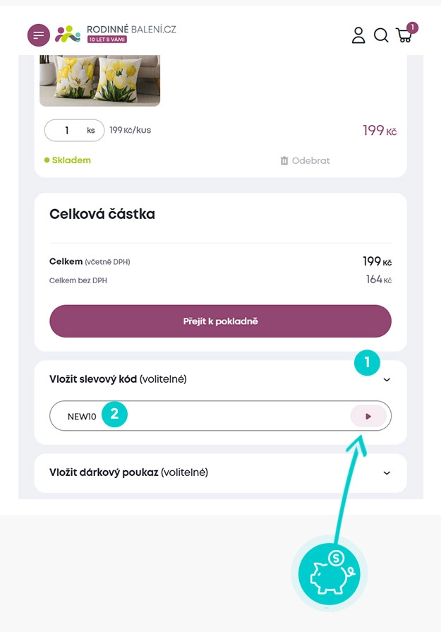 Návod jak uplatnit slevový kód v košíku e-shopu Rodinné balení