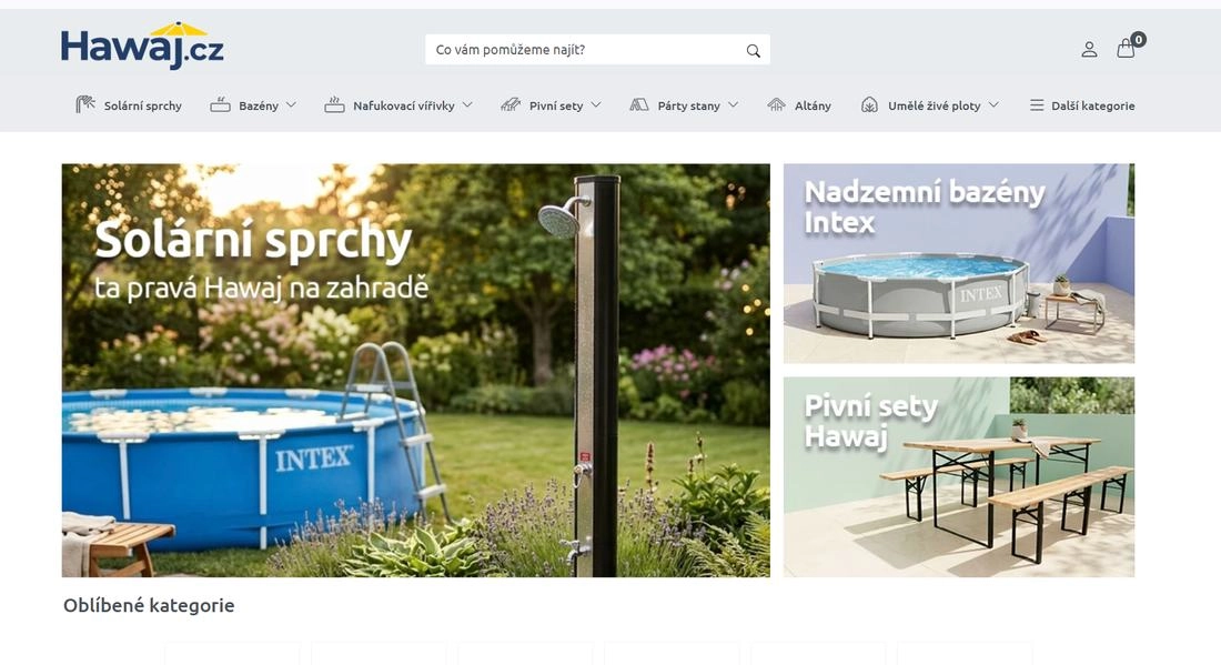 Homepage eshopu Hawaj se zahradním bazénem a sprchou