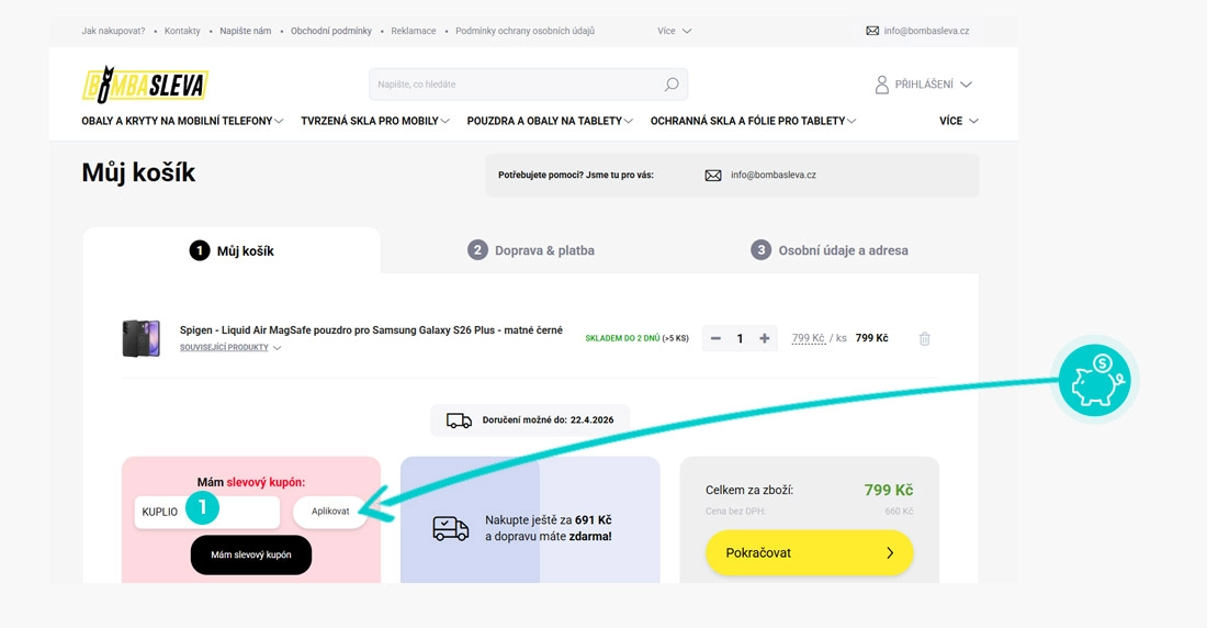Návod jak uplatnit slevový kód v košíku e-shopu BombaSleva