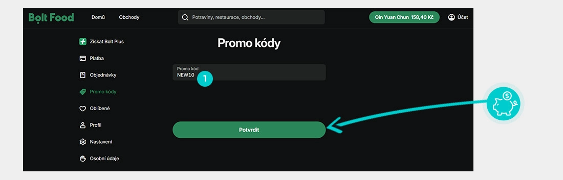 Návod jak uplatnit slevový kód v košíku e-shopu Bolt Food