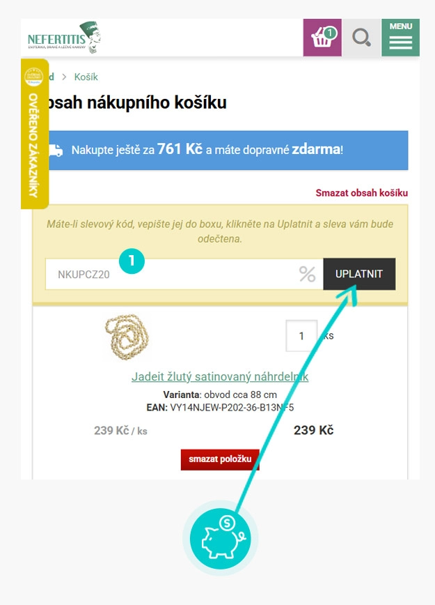 Návod jak uplatnit slevový kód v košíku e-shopu Nefertitis