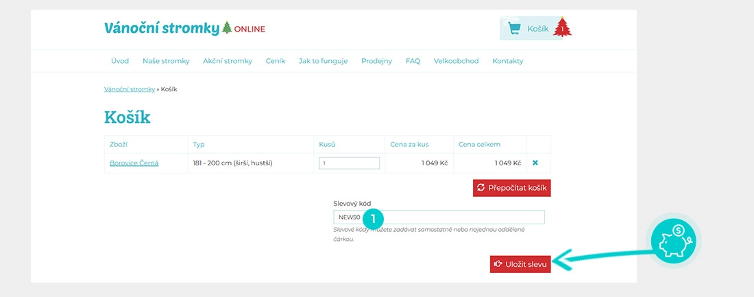 Návod jak uplatnit slevový kód v košíku e-shopu Vánoční stromky online