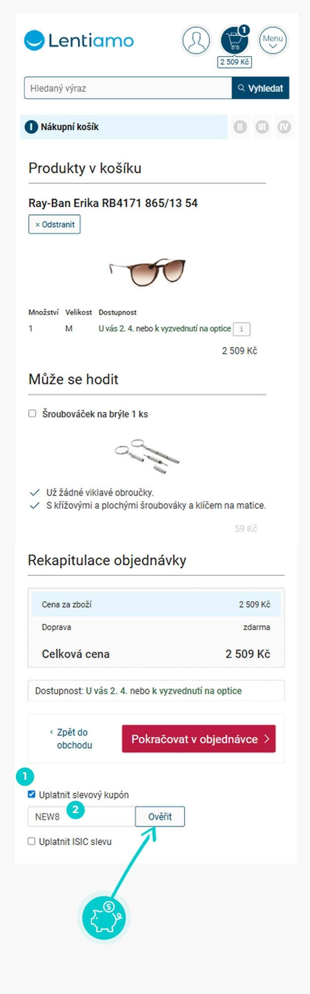 Návod jak uplatnit slevový kód v košíku e-shopu Lentiamo