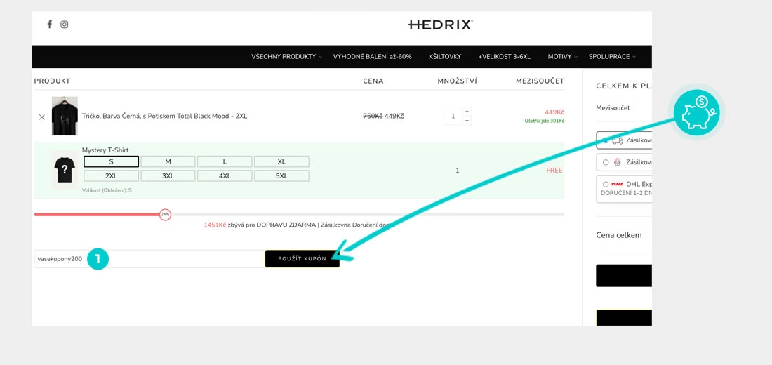 Návod jak uplatnit slevový kód v košíku e-shopu HEDRIX