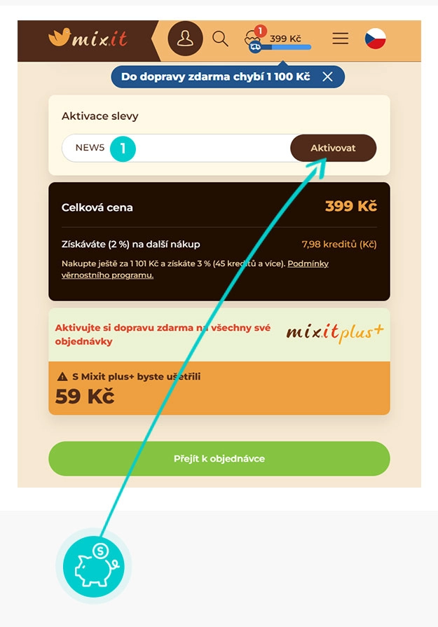 Návod jak uplatnit slevový kód v košíku e-shopu Mixit