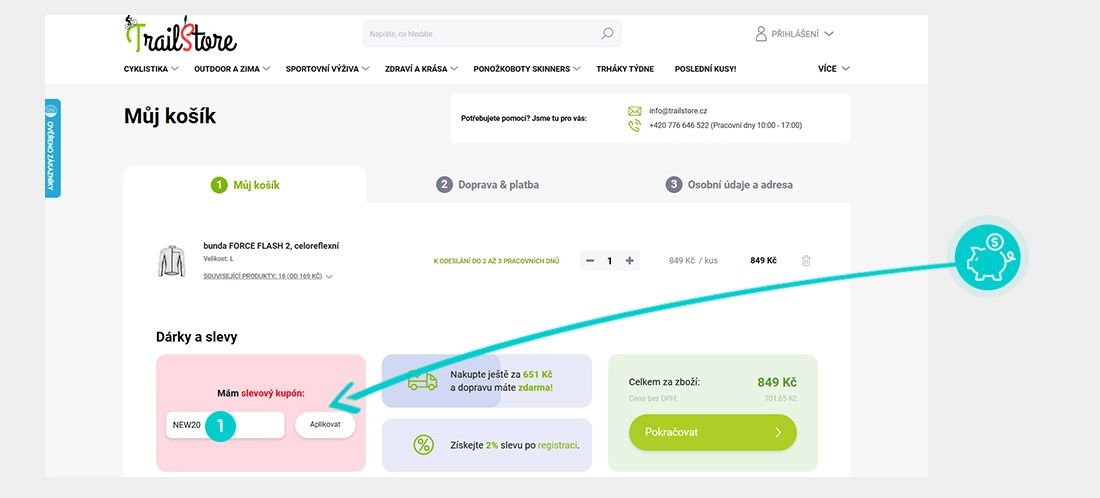 Návod jak uplatnit slevový kód v košíku e-shopu TrailStore