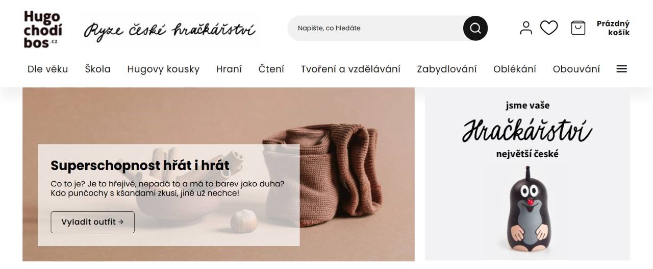 homepage Hugo chodí bos a krtečkem a nabídkou