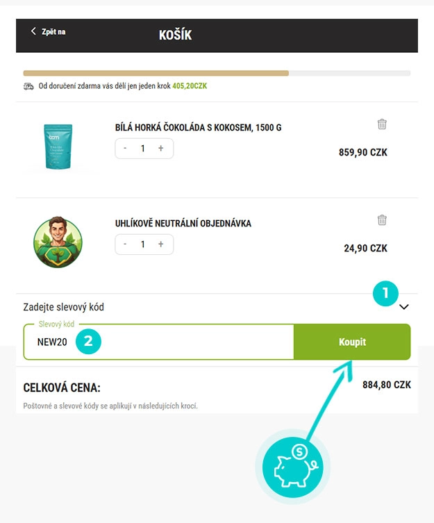 Návod jak uplatnit slevový kód v košíku e-shopu bamCokolada