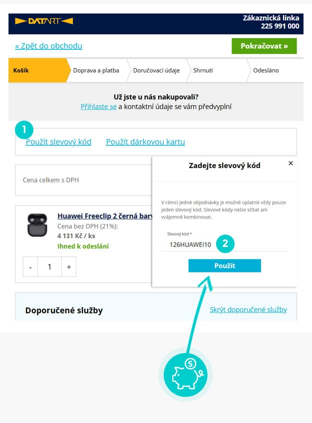 Návod jak uplatnit slevový kód v košíku e-shopu Datart