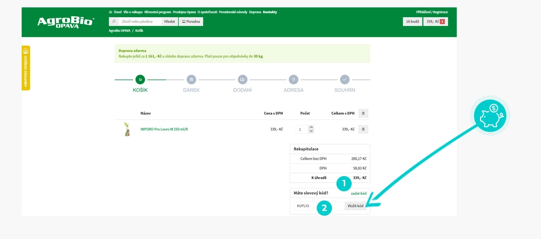 Návod jak uplatnit slevový kód v košíku e-shopu AgroBio