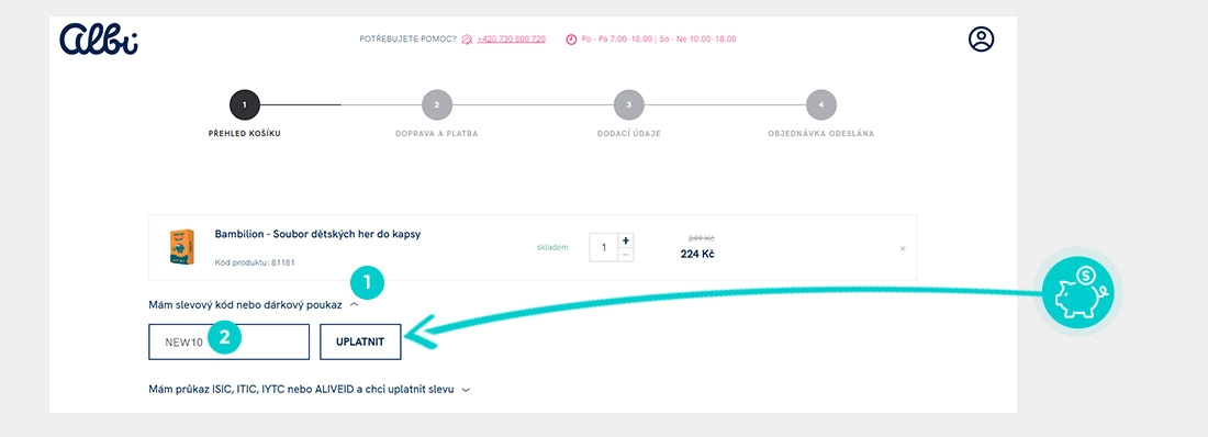 Návod jak uplatnit slevový kód v košíku e-shopu Dummy Bear