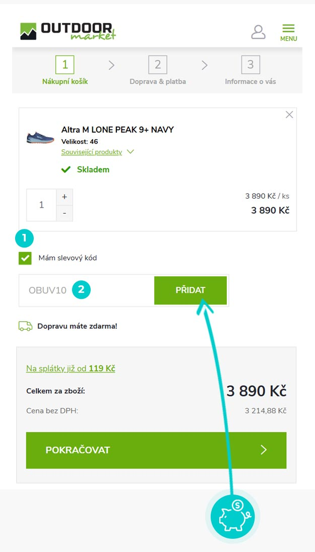 Návod jak uplatnit slevový kód v košíku e-shopu Outdoor market