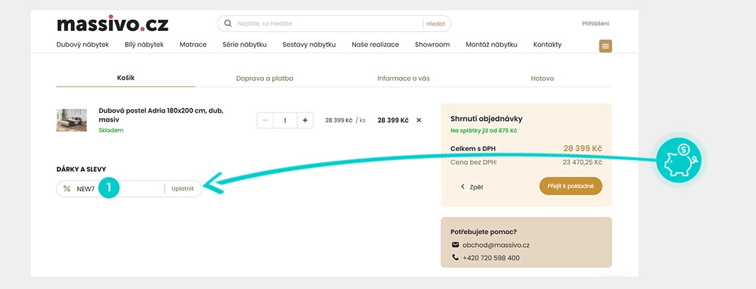 Návod jak uplatnit slevový kód v košíku e-shopu Massivo.cz