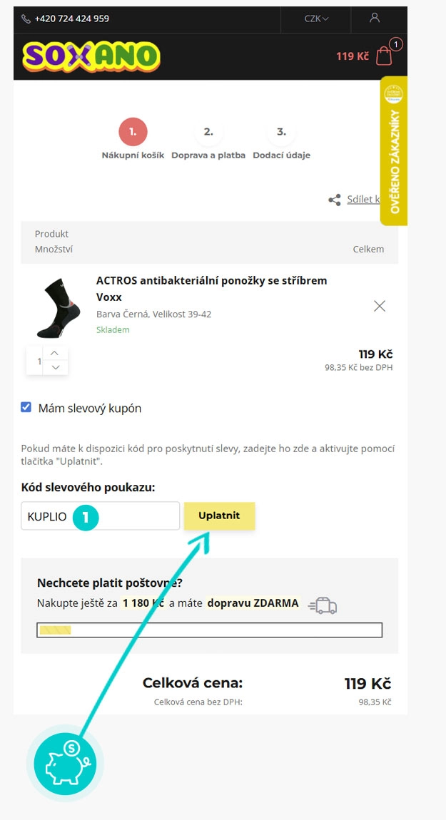 Návod jak uplatnit slevový kód v košíku e-shopu Soxano