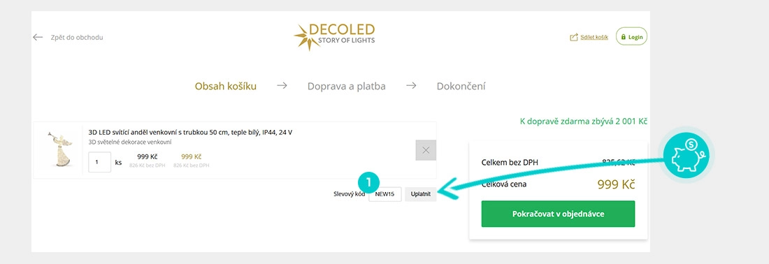 Návod jak uplatnit slevový kód v košíku e-shopu Decoled