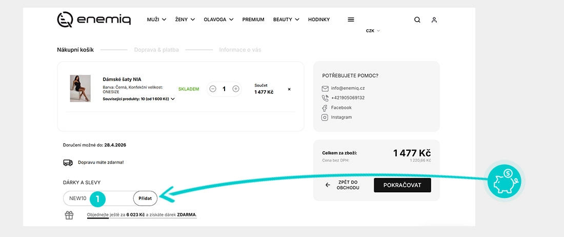Návod jak uplatnit slevový kód v košíku e-shopu Enemiq