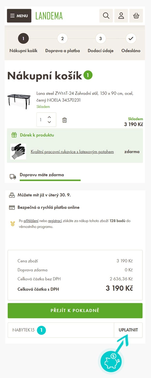 Návod jak uplatnit slevový kód v košíku e-shopu Landema