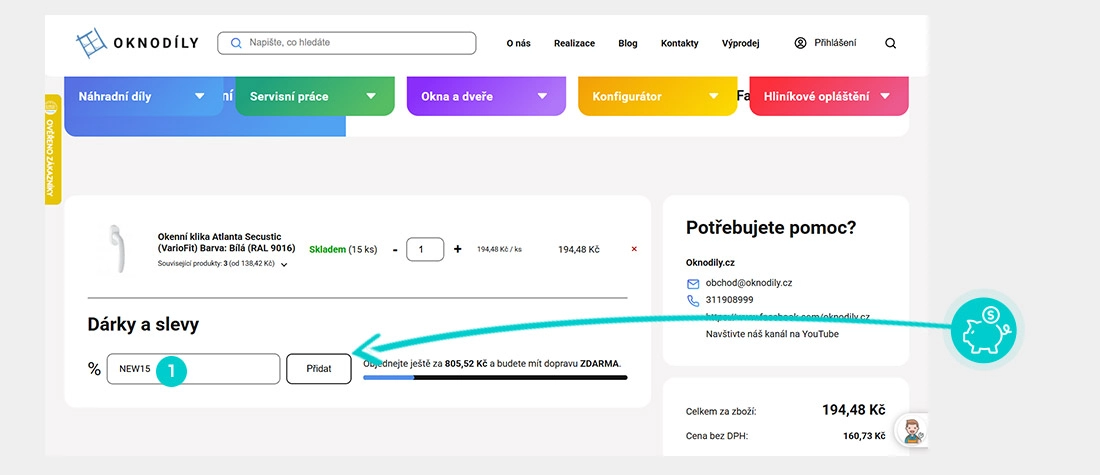 Návod jak uplatnit slevový kód v košíku e-shopu OknoDíly