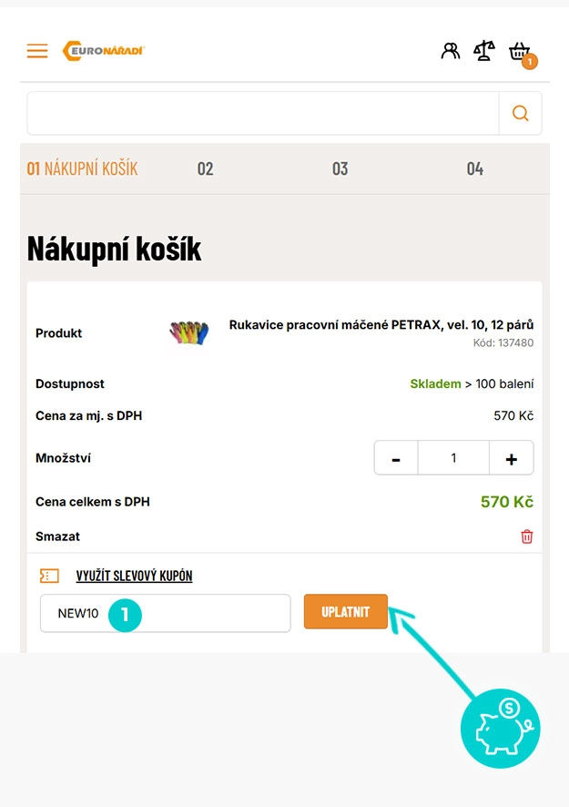 Návod jak uplatnit slevový kód v košíku e-shopu Euro Nářadí