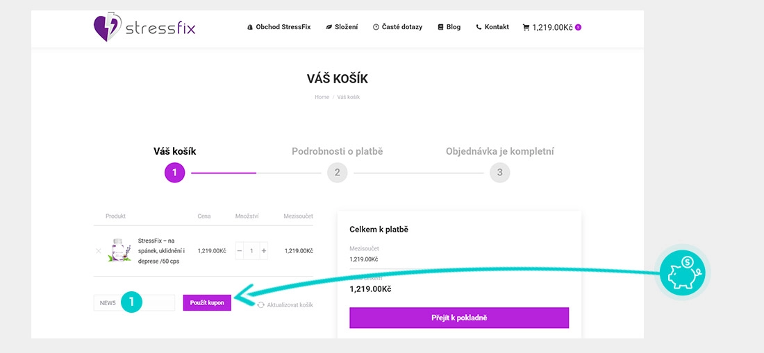 Návod jak uplatnit slevový kód v košíku e-shopu StressFix