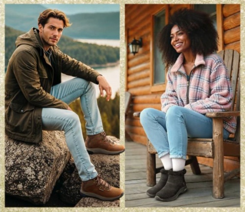 muž v bundě, džínách a botách sedící na kameni a žena v mikině, džínách a botách sedící před dřevěnicí