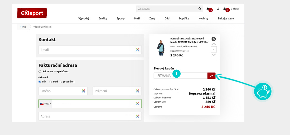 Návod jak uplatnit slevový kód v košíku e-shopu EXIsport