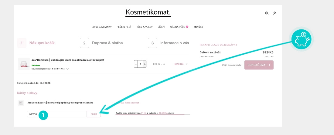 Návod jak uplatnit slevový kód v košíku e-shopu Kosmetikomat