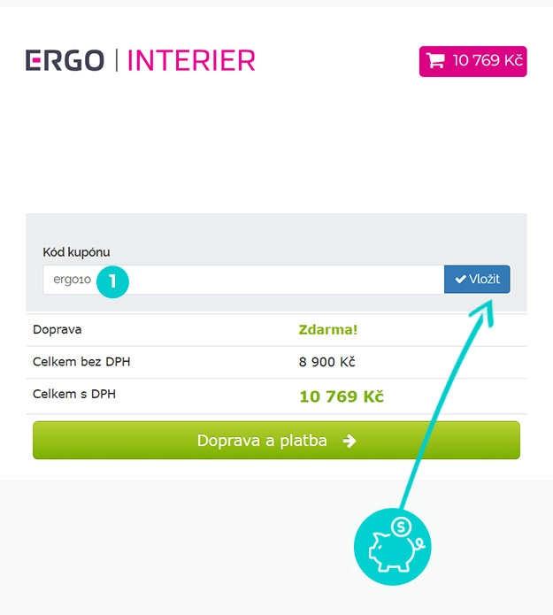 Návod jak uplatnit slevový kód v košíku e-shopu Ergo Interier