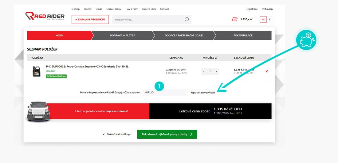 Návod jak uplatnit slevový kód v košíku e-shopu Red Rider