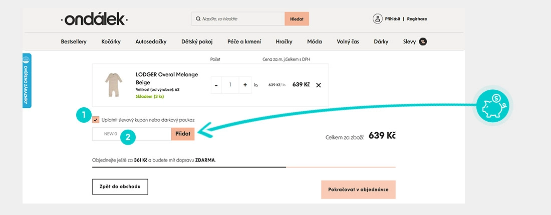 Návod jak uplatnit slevový kód v košíku e-shopu Ondalek