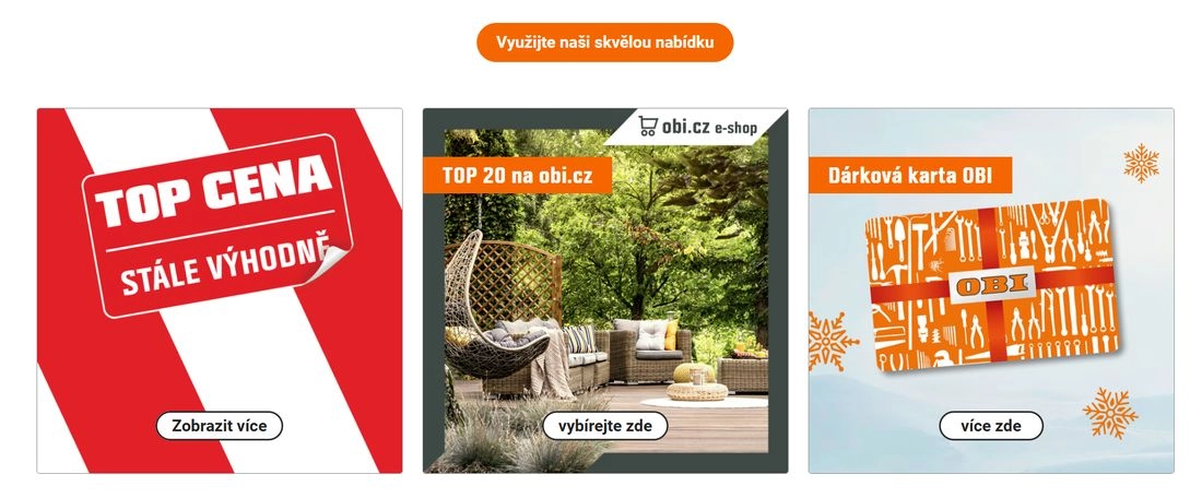 Homepage e-shopu Obi s vyobrazením zahradního nábytku a dárkové karty