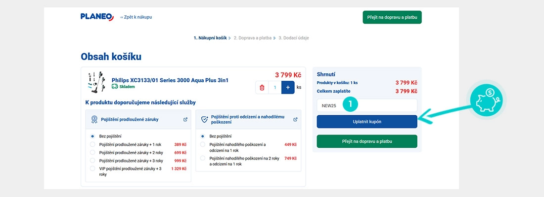 Návod jak uplatnit slevový kód v košíku e-shopu Planeo
